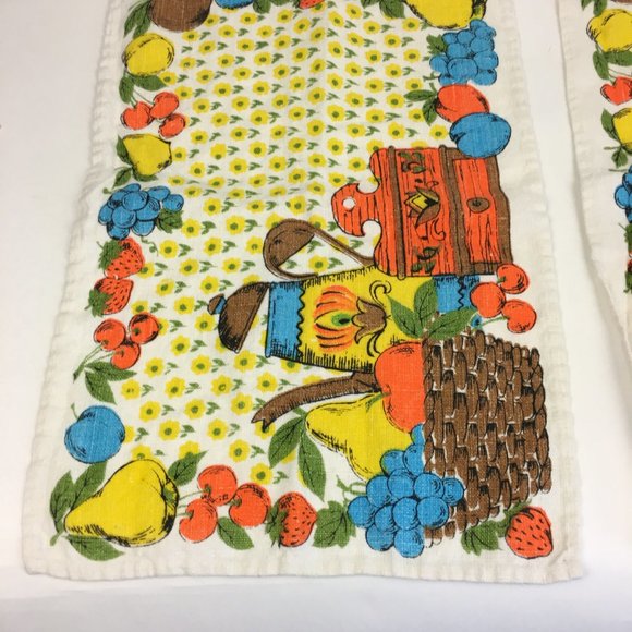 2 Vtg Retro Linen Cloth Fabric Rectangle Placemat Coffee Tea Fruit Flowers Theme - Picture 5 of 11